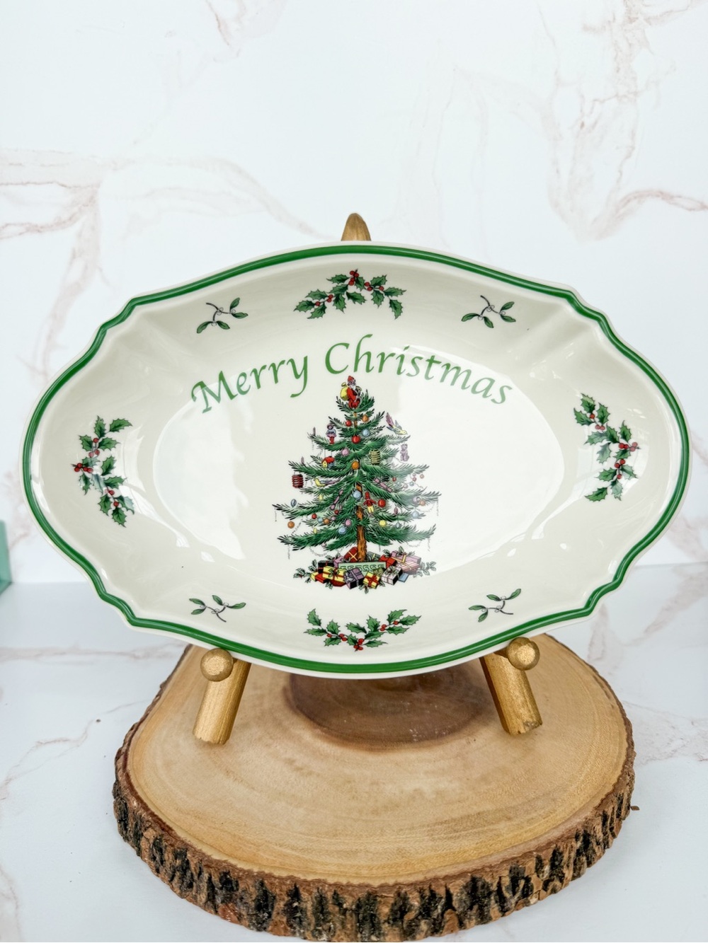 Spode Christmas Tree Merry Christmas Oval Serving Bowl Holiday Serving Bowl